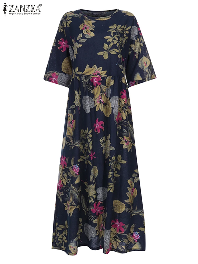 Zanzea verão boêmio floral impressão vestido feminino vintage 3/4 manga férias maxi vestido de verão kaftan robe femme casual praia vestidos