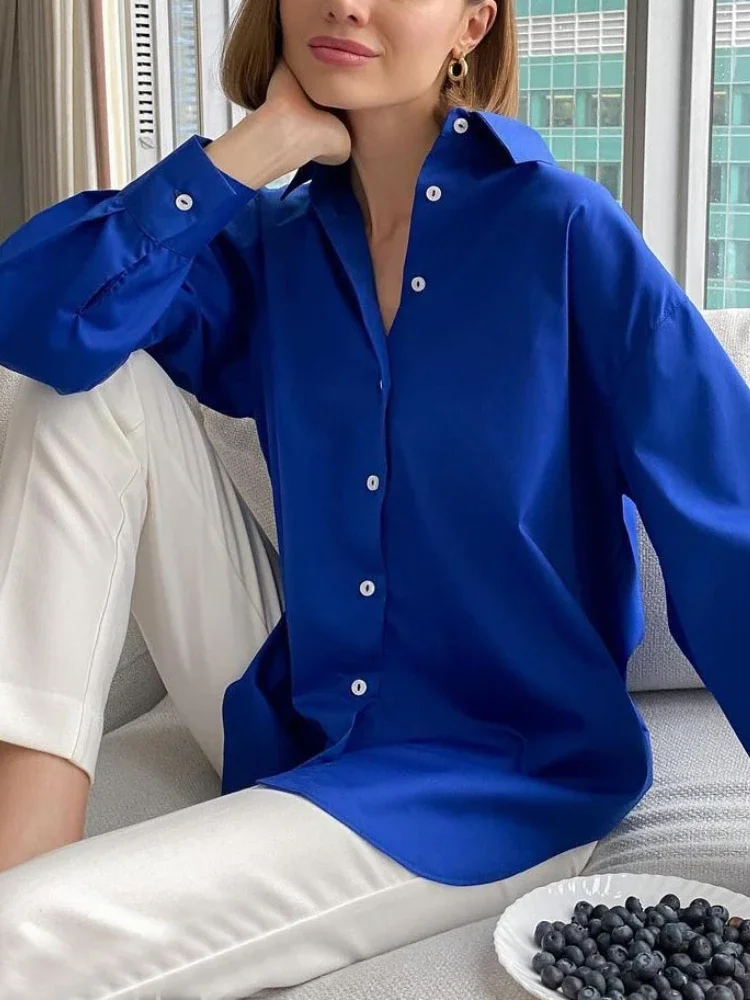 Camisa branca elegante de mulher, 100% Algodão, Button Fashion, Blusa de mulher, Solto, Sólido, Primavera, Verão, Coreano, 2024