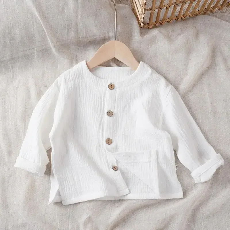 Artistic Style Baby Cotton Linen Long Sleeved Jacket for Boys and Girls Thin Buttoned Solid Color Cardigan