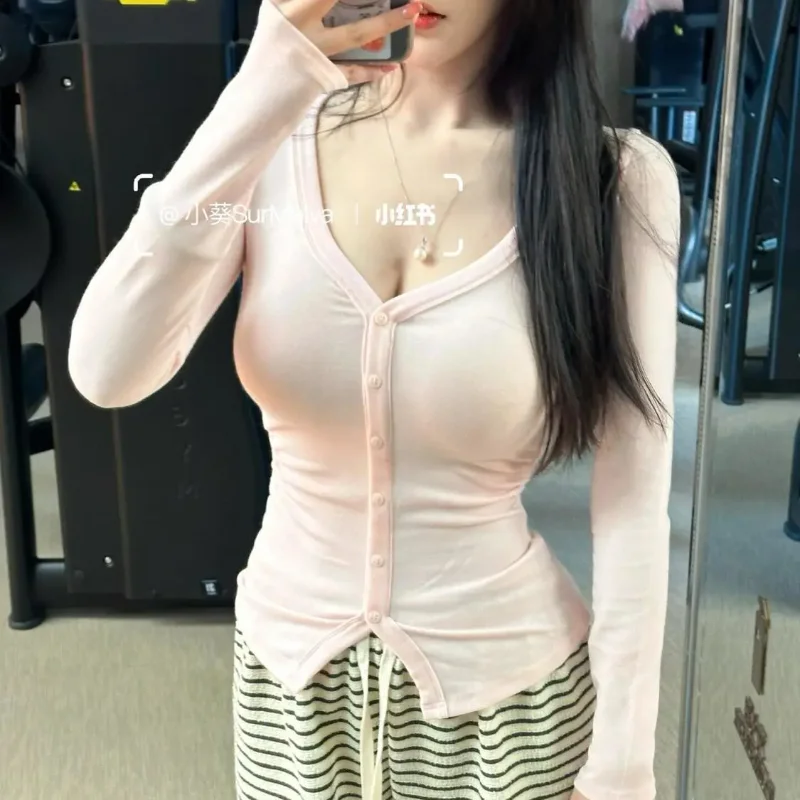 Women's Long Sleeve V-Neck Button Front Slim Fit Sheer Top Stretchy Casual Daily Blouse