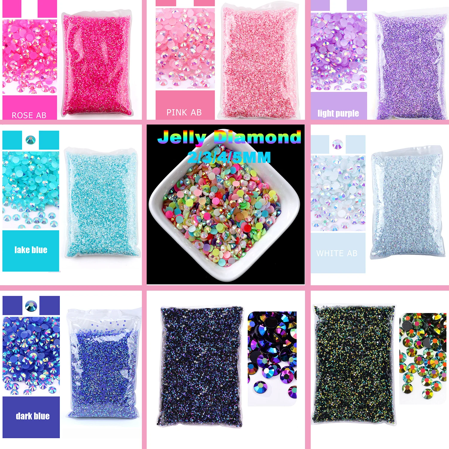 Großhandel Jelly Color AB Transparente AB 2mm, 3mm, 4mm, 5mm Facetten Flache Rückseite Harz-Strass für Nagelkunst und Kleidungsdekoration – Detail 1