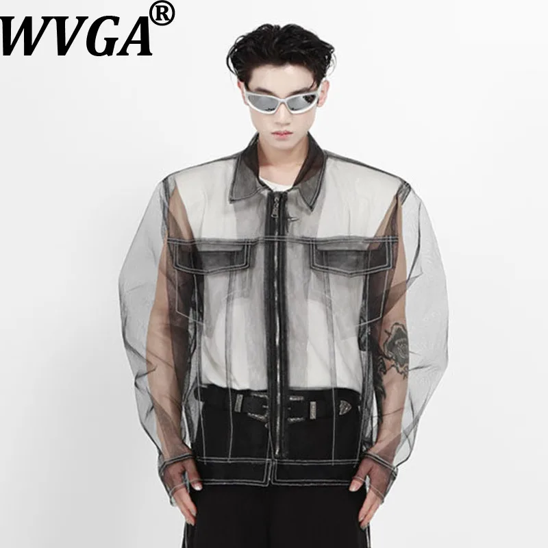 WVGA Spring Summer New Men Mesh Design Open Stitch Deconstructed Shirts Niche Chic Casual High-end Punk Street Style Tops W17678