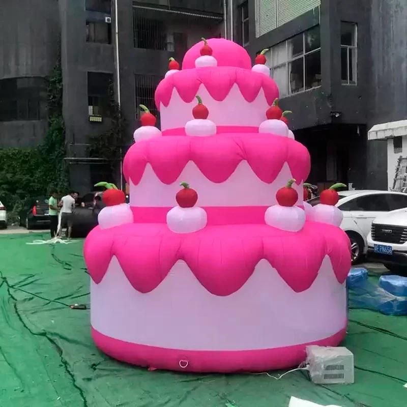 Palloncino gonfiabile gigante rosa per torta di buon compleanno con ciliegia rossa per la decorazione della festa di anniversario