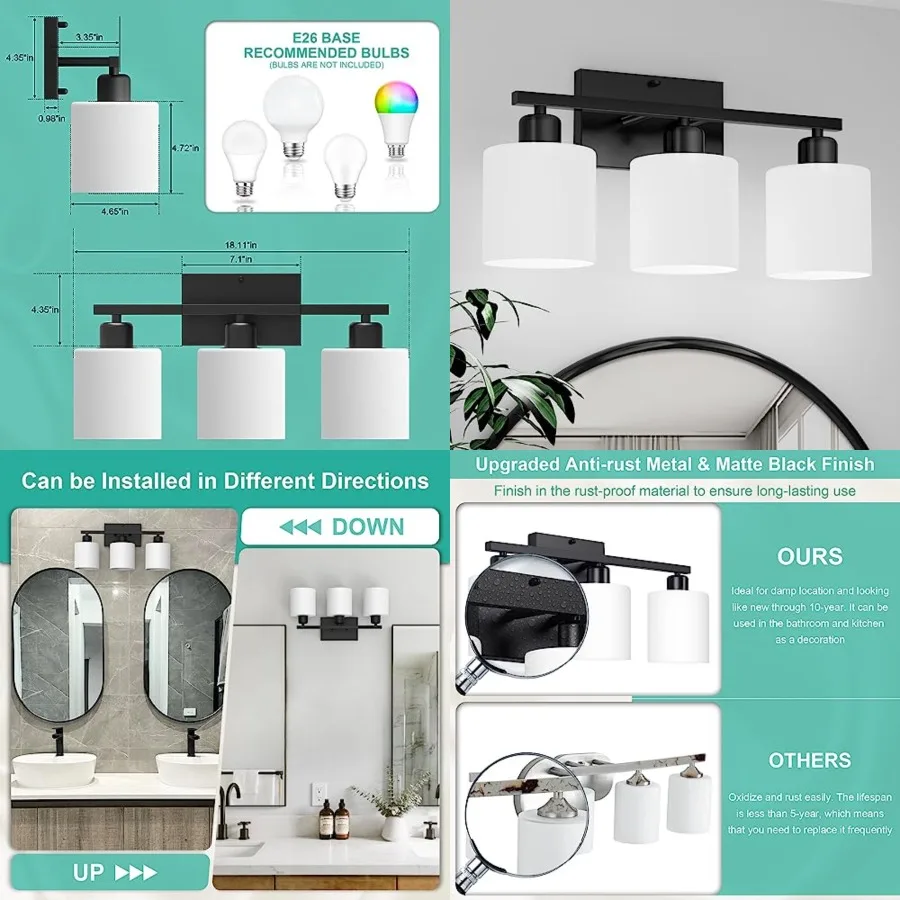 Black Bathroom Light Fixtures Over Mirror, Rustproof Vanity Lights for Bathroom, Modern 3-Light Wall Sconces for Living Room, M