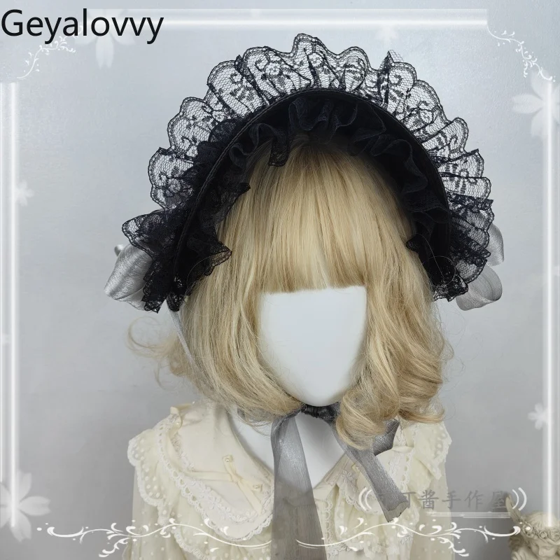 일본 오리지널 수제 다크 로리타 밀짚 모자 스위트 걸스 코스프레 블랙 그레이 레이스 캡 고딕 레이스 업 태양 모자