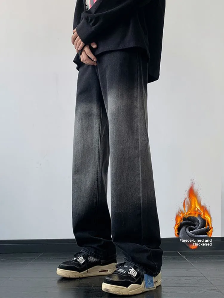 

adient Bla Fce Lined Thi Straight Leg Jeans Men's Winter Wide Leg Long Pants American Retro High Street Sle Jeans