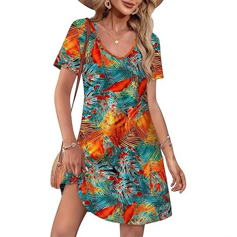 

2025 Women Casual Dress for Summer V Neck Wedding Guest Dress with Floral Print Short Sleeve Fashion Beach Vacation Clothes