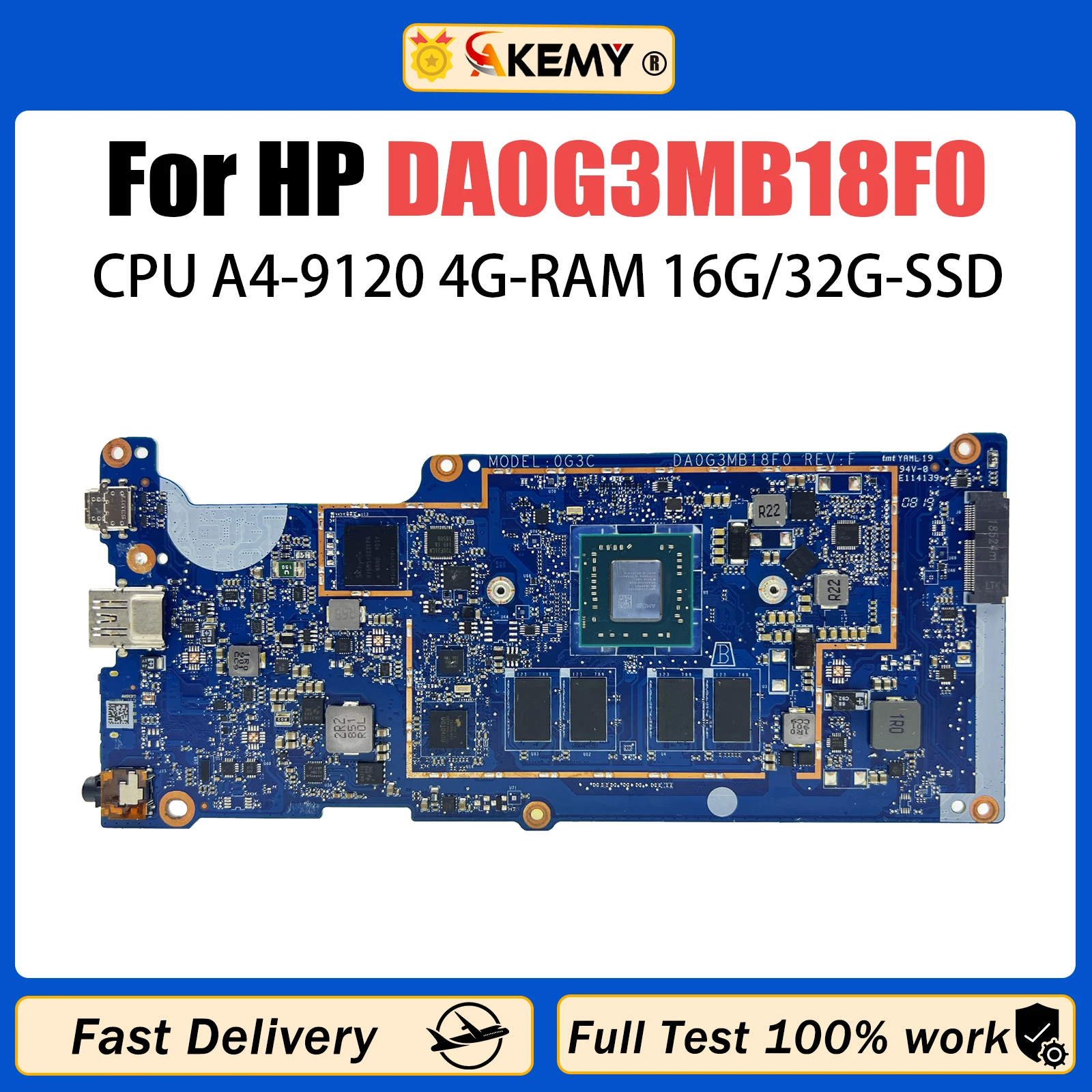 AKEMY DA0G3MB18F0 For HP Chromebook 11A G6 EE  Laptop Motherboard With A4-9120C CPU 2GB/4GB RAM 16GB EMMC  L51910-001