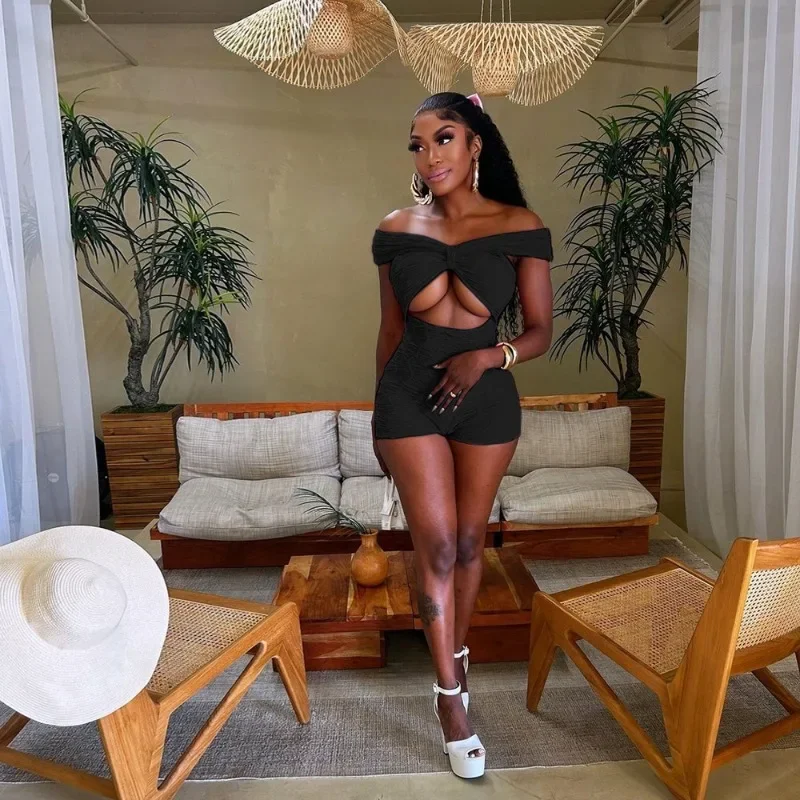 GUWU Women Short Sleeve Strapless High Waist Romper Playsuit  Sexy Hollow Out Party Clubwear Bodycon One Piece Overalls