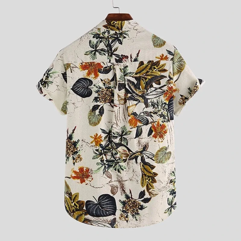 2025 Summer new ethnic style men's casual loose standing collar plant flower short sleeved shirt cotton linen thin shirt