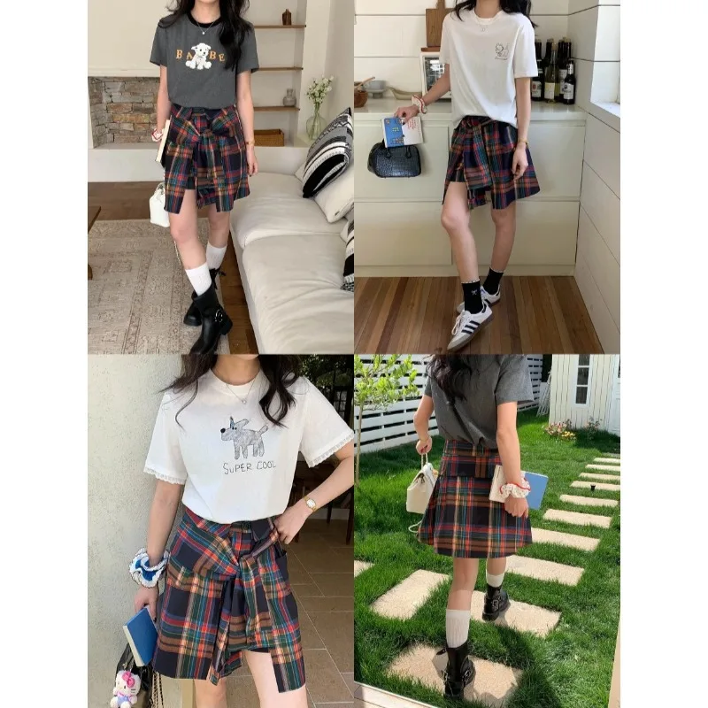 Plaid Color-Block Skirt Vintage Plaid Print Tie Waist Hem Skirt Women Streetwear Mini Skirt Pure Desire Elegant Charming GM90