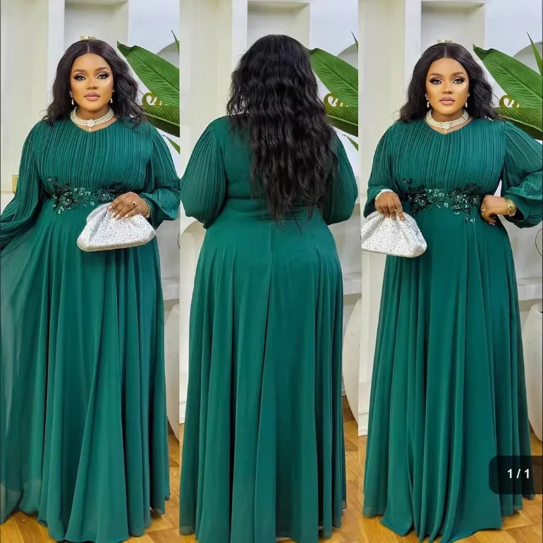 Plus Size Green Chiffon Maxi Dress Pleated Long Sleeve Floral Beaded Waist Church Wedding Formal Gown