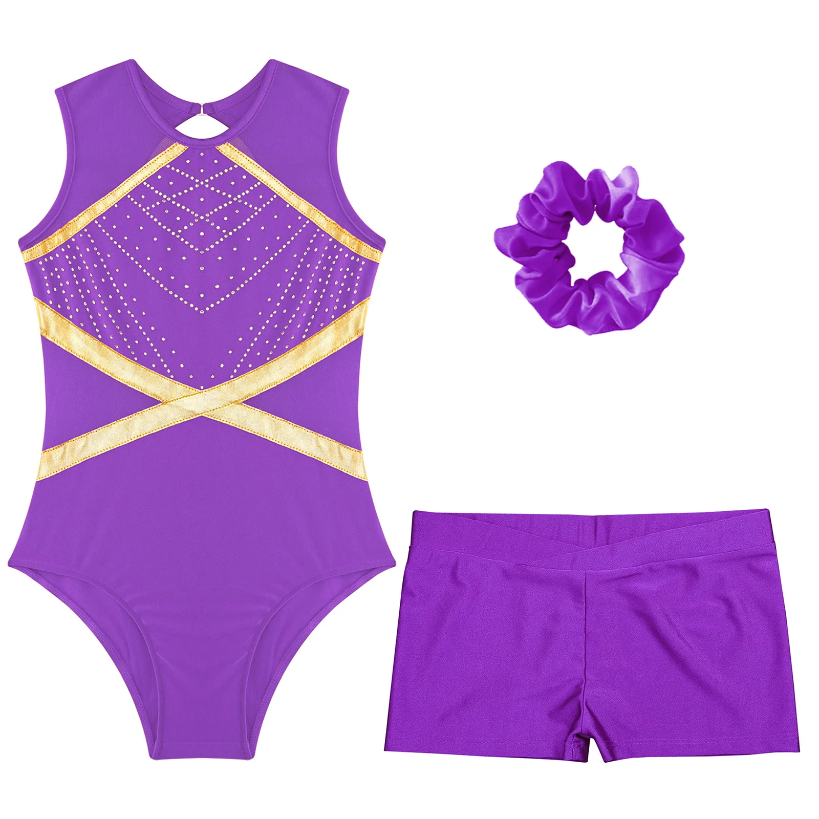 Kids Sleeveless Figure Skating Gymnastic Jumpsuit Children Ballet Bodysuit Girls Gymnastics Outfit Leotard with Shorts Dancewear