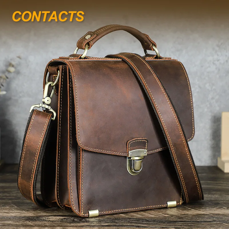 Crazy Horse Leather Classic Lock Handbag Multi-compartment Men's Shoulder Crossbody Bag Genuine Leather Men's Bag