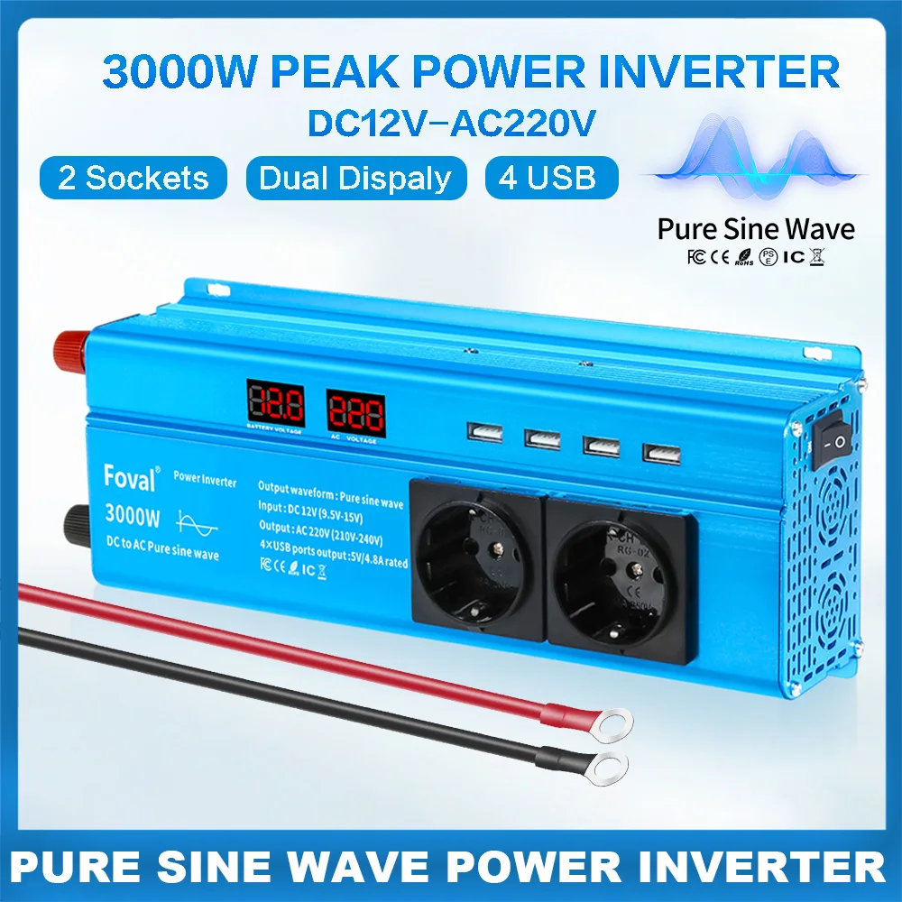 

3000W DC12V to AC220V Pure Sine Wave Inverter Car Power Transfomer Adapter 4USB Dual Socket EU/Universal 50Hz 60Hz LED Dispaly