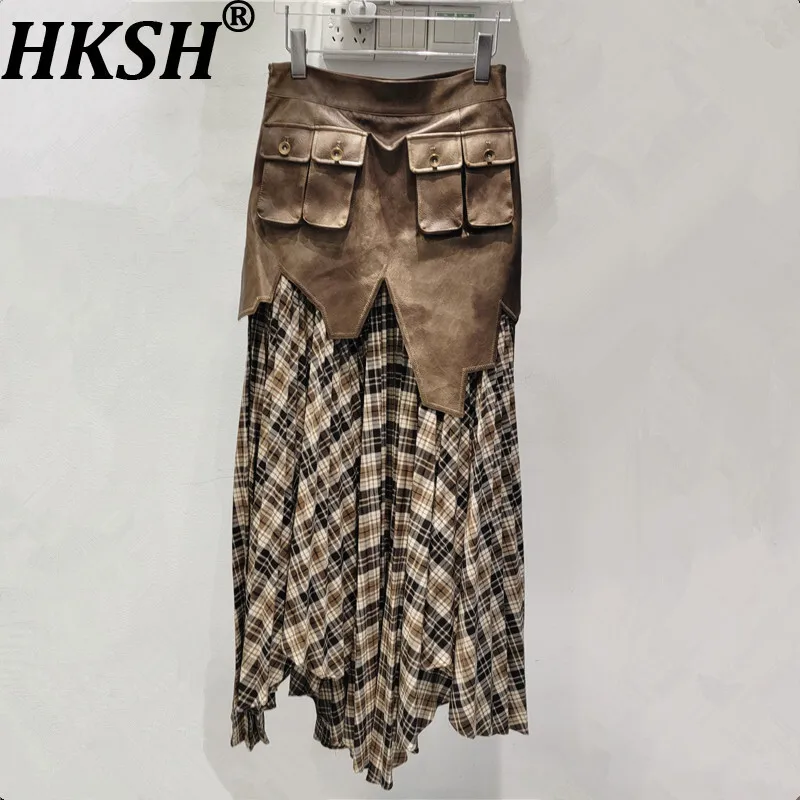 

HKSH Autumn New Women American Retro Skirt Spliced Irregular Plaid Contrast Color Asymmetric Streetwear Trendy Y2K Skirts HK9001