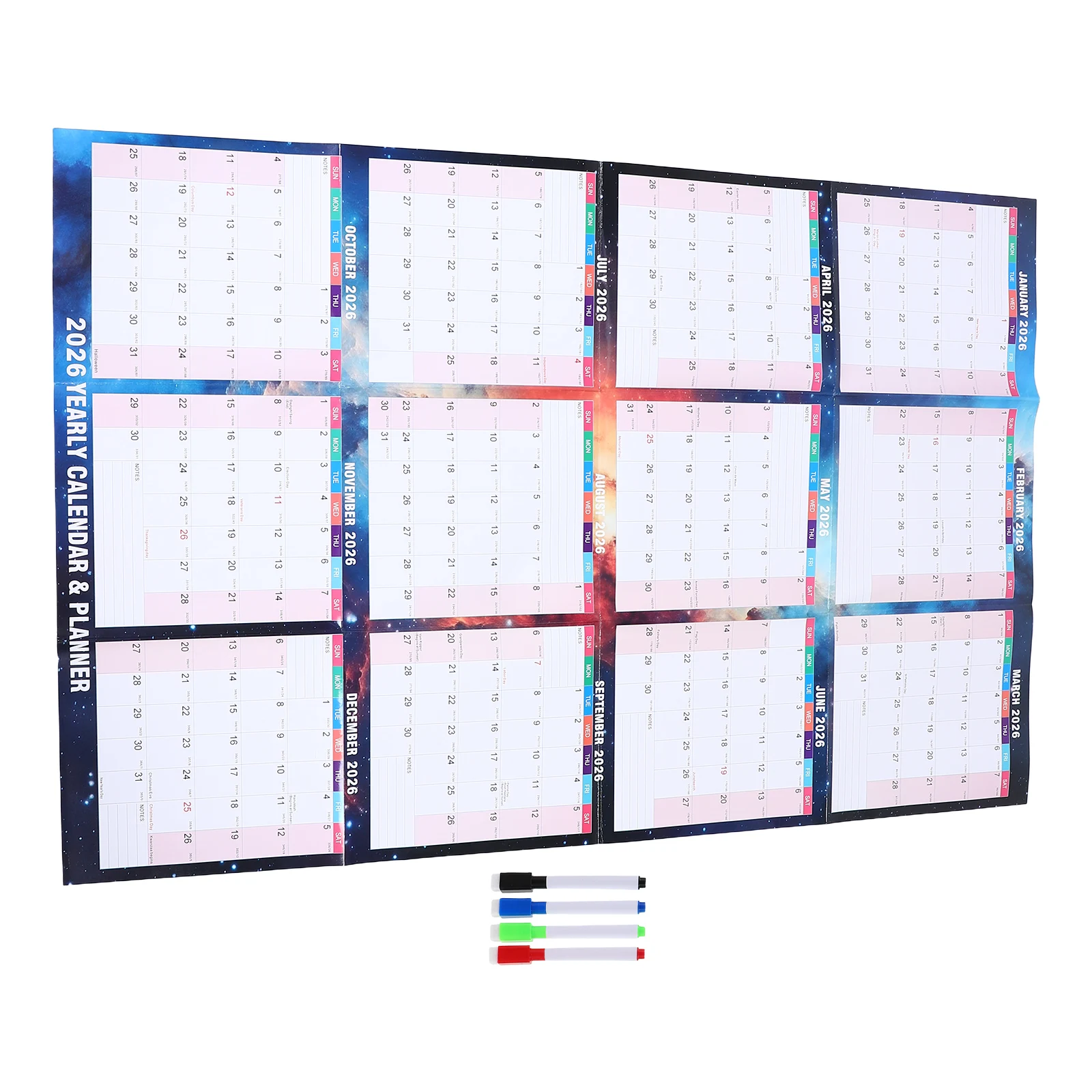 

Настенный календарь-планер 2026 года в стиле «Звездное небо», стираемый, двусторонний, на одному листе, многоразовый, для дома