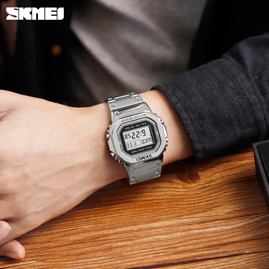 ساعة يد رقمية SKMEI-Men مقاومة للماء من الفولاذ بالكامل ، ساعة رياضية ، ساعة منبه مقاومة للصدأ ، ساعة منبه مقاومة للصدأ ،