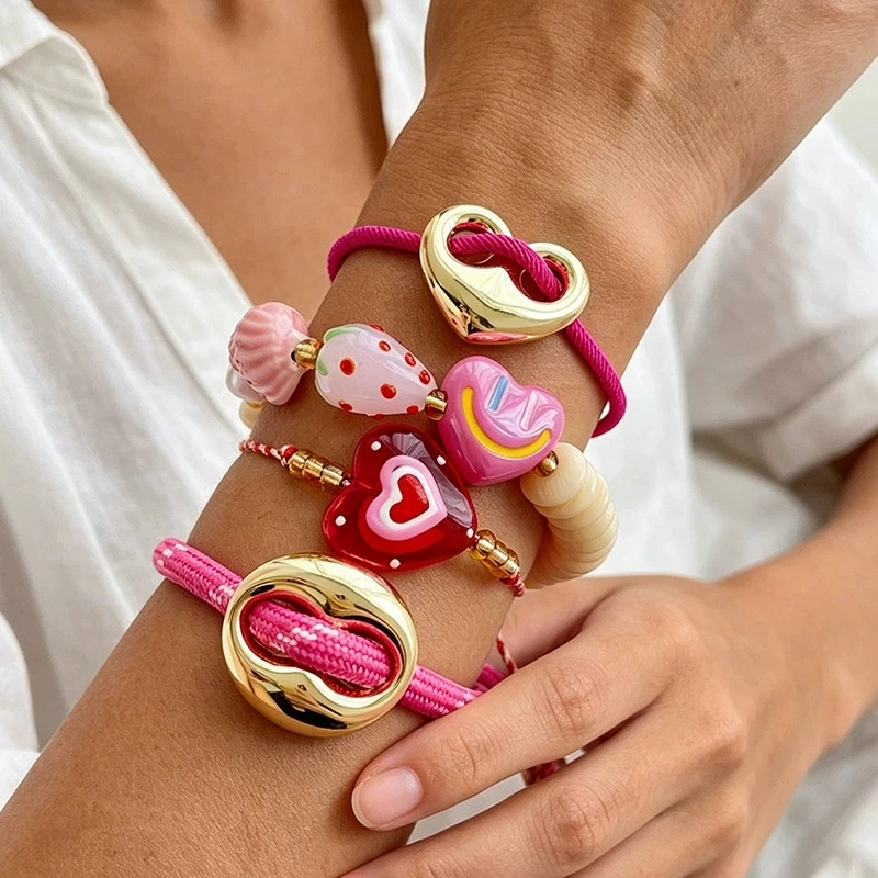 Sweet Pink Y2K Bracelet Strawberry Heart Shell Beads Adjustable Drawstring Rope Wristband Cute Women Daily Jewelry Gift