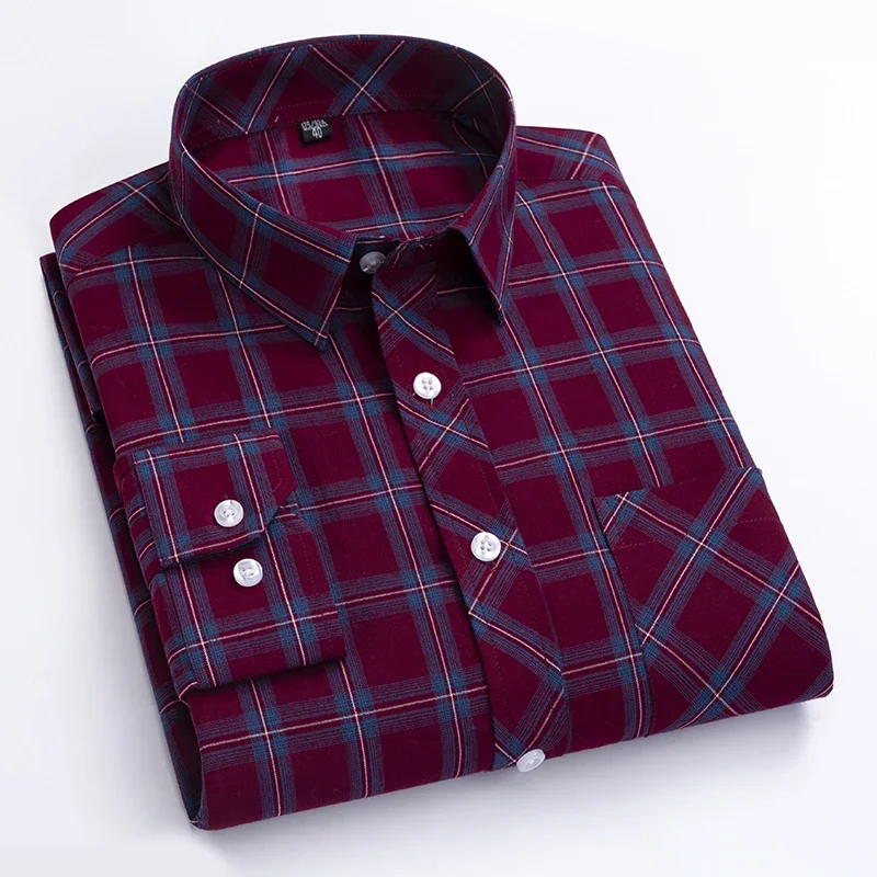 2024 Thin Fit Turn Down Collar New  Young Men\'s Plaid Long Sleeve Checked Shirts Cotton Daily Casual Plus Size Men Clothing