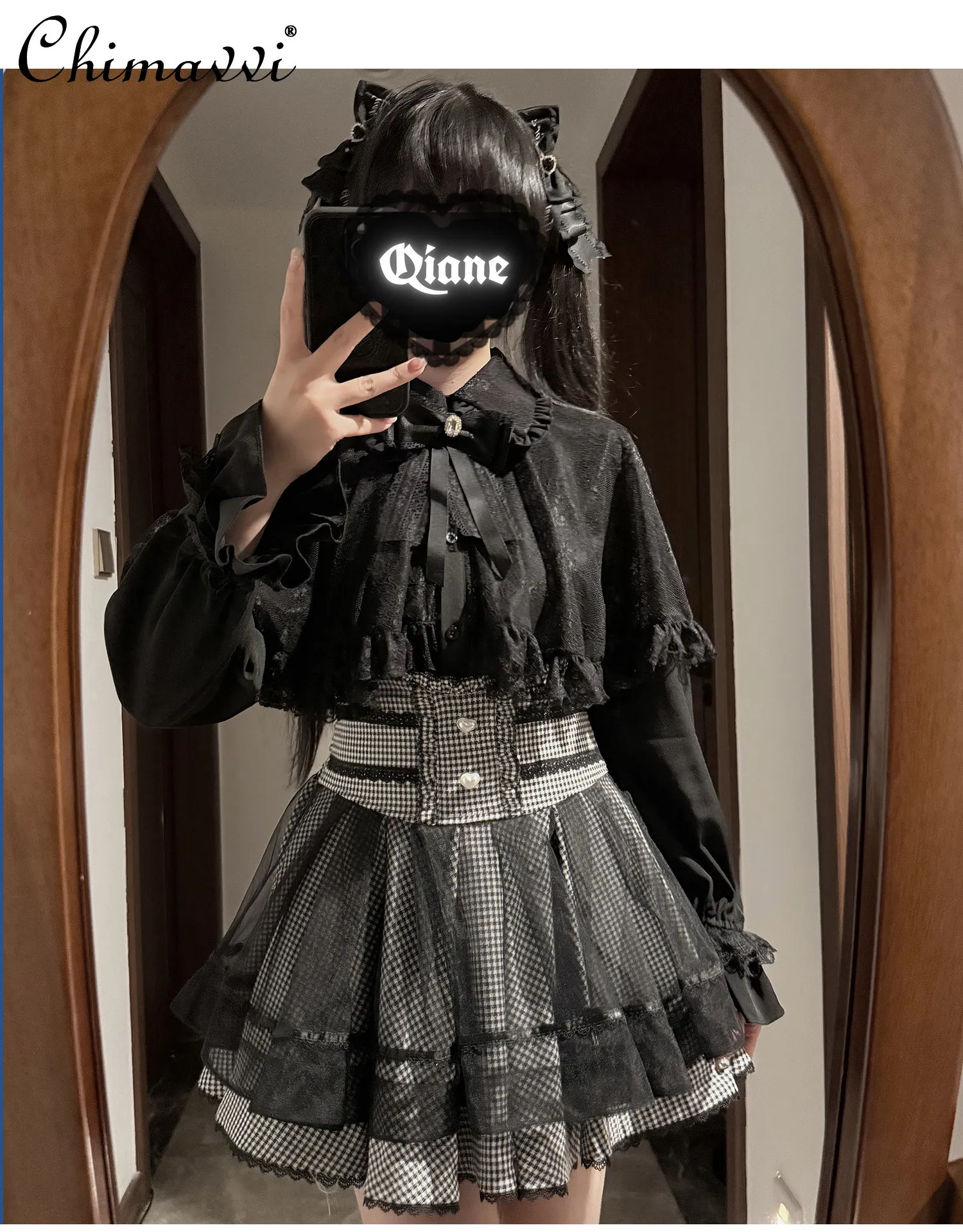 

New 2026 Japanese Mass-Produced Lace Cape Long Sleeve Shirt Top Mini Skirt Set Lolita Gothic Mine Girl Women Two-Piece Sets