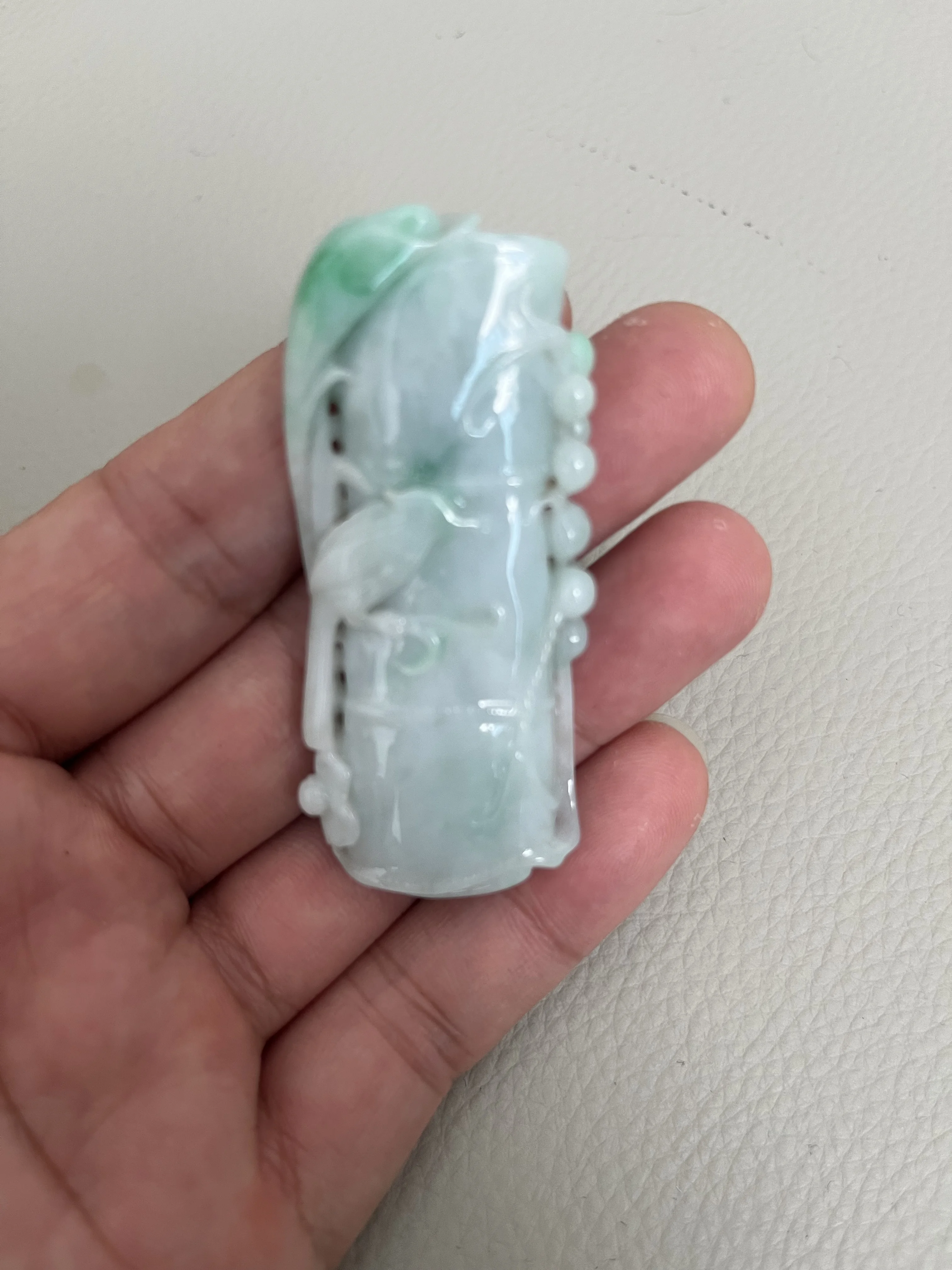 Natural A-Grade Jadeite Pendant, Hollow Carved Bamboo & Magpie, Floating Green
