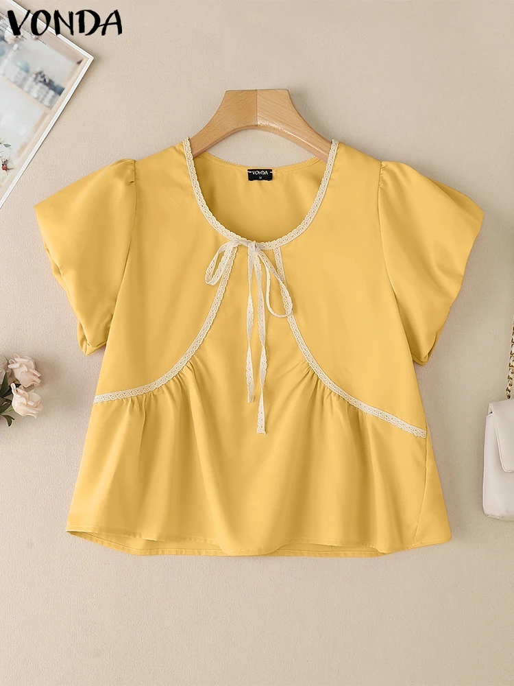 VONDA Fashion Lace Blouse 2025 Summer Women Tops Casual Short Puff Sleeve Bow Shirts Loose Elegant O-Neck Korean Blusas Tops