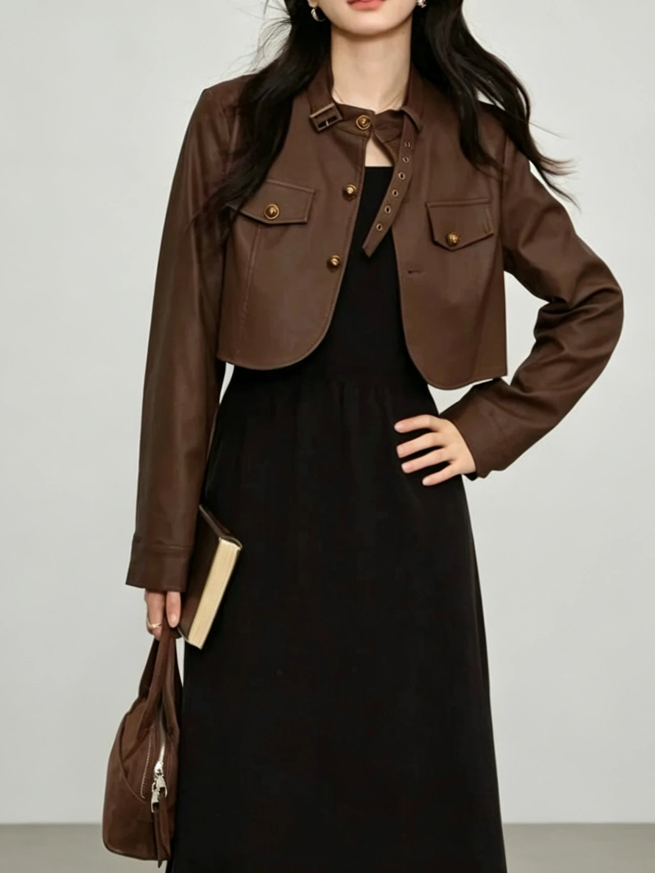 Retro Elegant Sweet Cool Motorcycle Jacket Women's Short PU Leather Coat Autumn New Style Versatile Slim Fit Zipper Closure