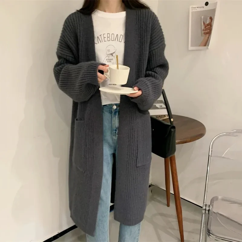 Autumn Warm Midi Knitted Cardigan Women Korean Loose Pocket Casual Knit Coats Female Fashion Lazy Style Solid All-Match Cardigan