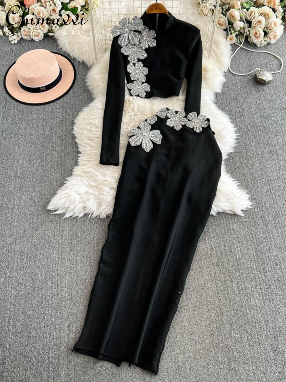 French Elegant Fashion Diamond Bandage Skirt Set Long Sleeve High Collar Slim Short Top Bodycon Long Skirt Two-piece Sets Women