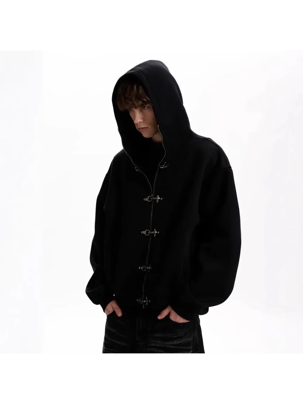 Zip Hooded Outerwear Oversized Drop Shoulder Cut Metal Clasp Decor Front Kangaroo Pocket Street Style For Daily Hangout Walking
