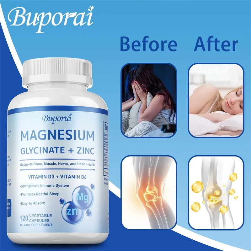 Magnesium Glycinate + Zinc Supplement Capsules, High Absorption, Support Sleep Health, Bone Joint, Brain, Strengthen Immune