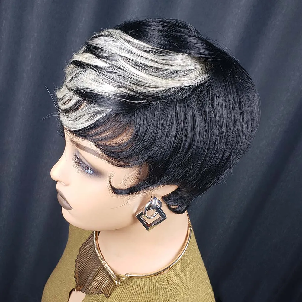 짧은 스트레이트 픽시컷 가발 블랙 그레이 밥 가발 앞머리 포함 기계 제작 브라질 레미 인모 가발 흑인 여성용