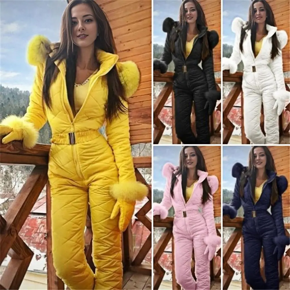 Thickened Cotton Padded Ski Jumpsuit Waterproof Winter Warm Ski Jacket Ice Snow Sports Jumpsuit Coat Zipper Closure Ski Suit