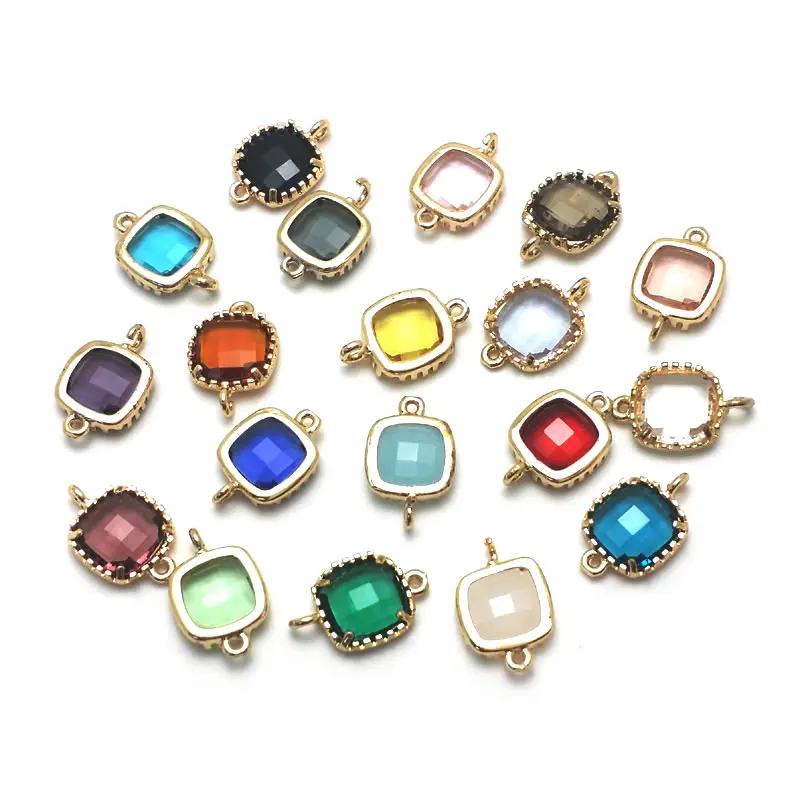 10PCS 9x14MM High Quality Champagne Gold Color Brass and Glass Square 2 Holes Connect Charms Pendants Diy Jewelry Accessories