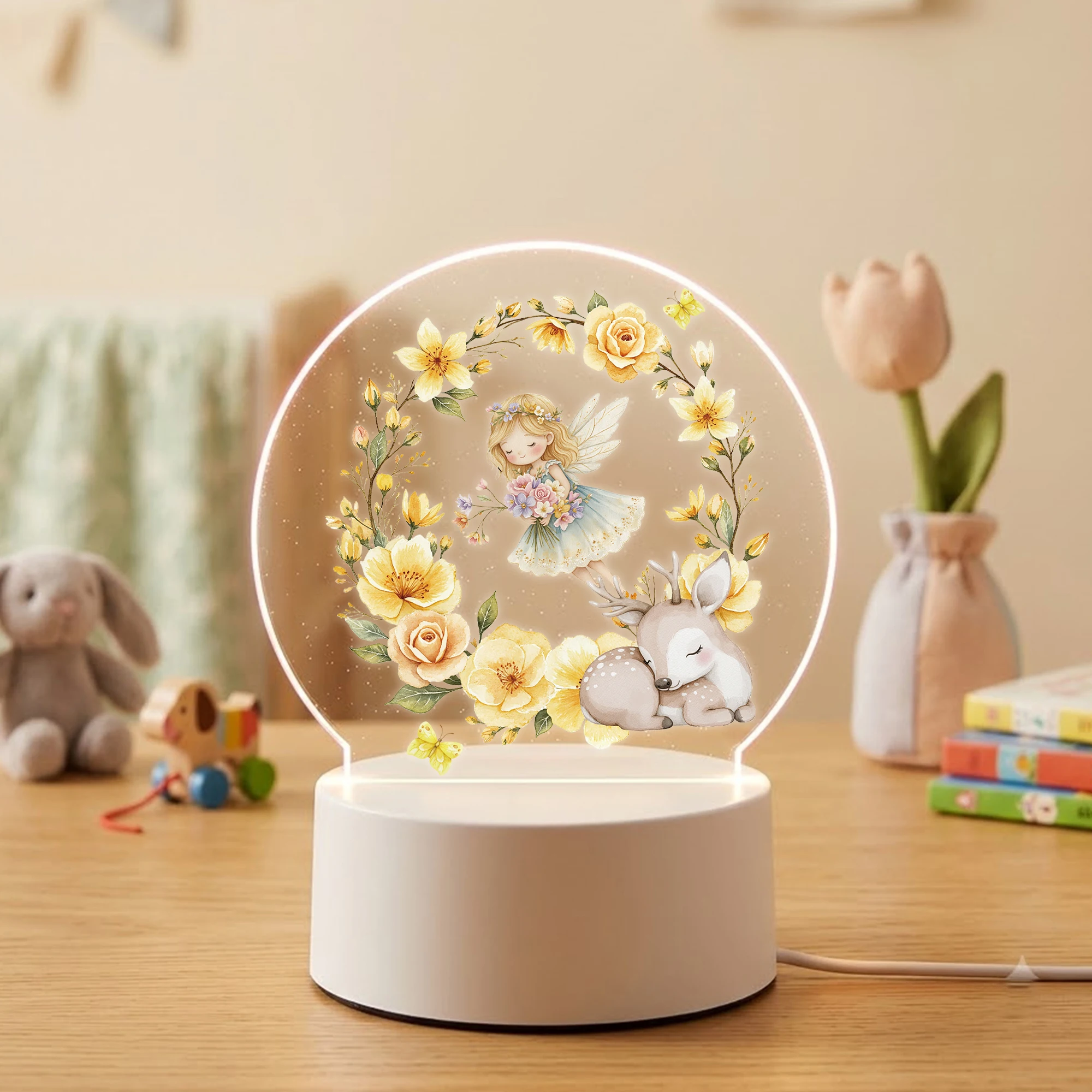 2D Flat Acrylic LED  Yellow Rose Fairy Decoration Desk Lamp Night Light Cartoon Children Bedroom Gifts Home Decor Gift