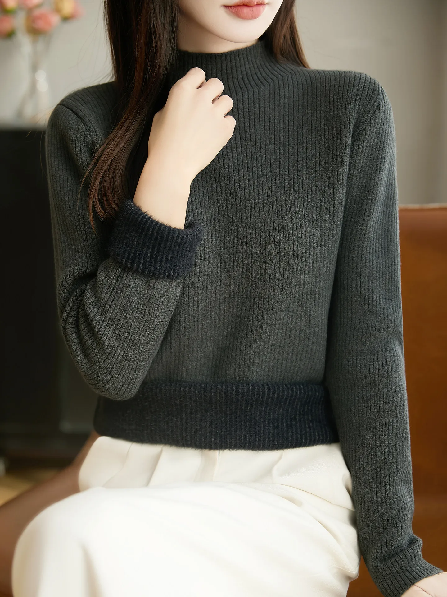

Women's Fce Lined Thiened Knitted Sweater Slim Fit f High Collar Warm Inner Long Sve Knit Base irt Top
