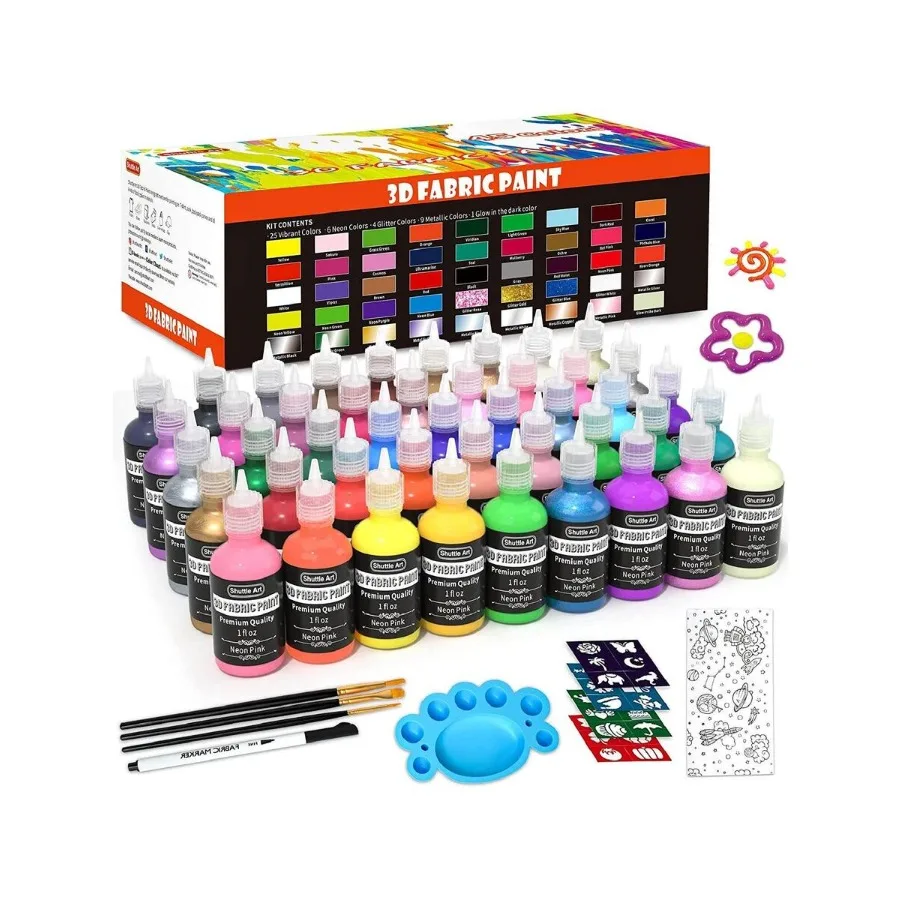 

Shuttle Art Fabric Paint Set, 45 Colors 3D Permanent Paint with Brushes Palette Fabric Pen Fabric Sheet Stencils, Glow in The D