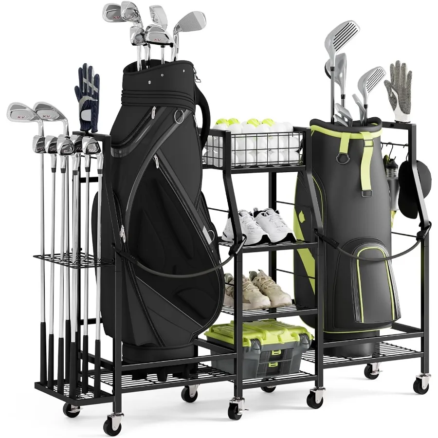 Golf Bag Storage Rack for Garage, 2-Bag Organizer with Wheels