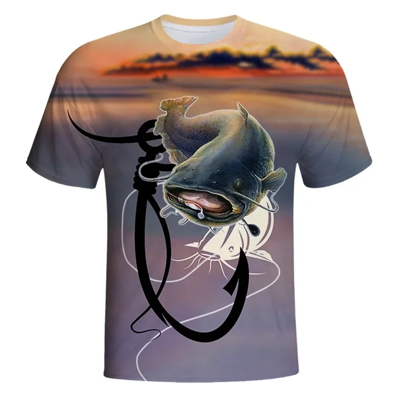 

2024 Summer New Hot Men's T-shirt 3D Catfish Printing Outdoor Wild Fishing Sports Clothing Large Size Loose Quick-drying Top