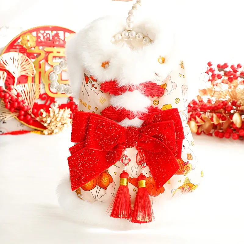 Chinese Style Dog Clothing Winter Thicken Cat Red Sparkling Bow Princess Cotton-padded Jacket Pet Orange Pink Plush Warm Clothes