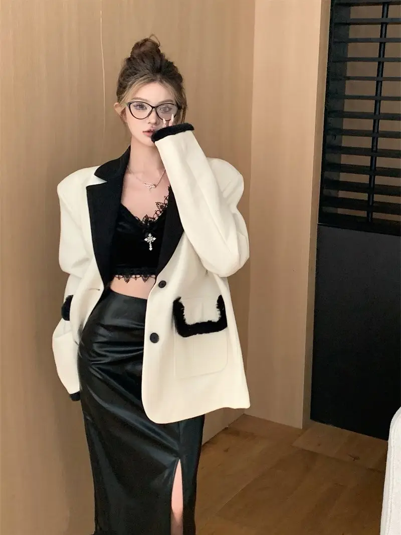 

Korean Fashion High-end Contrasting Color Spliced Suit Spring New Design Sense Split Half Skirt Two-piece Set Female Clothing