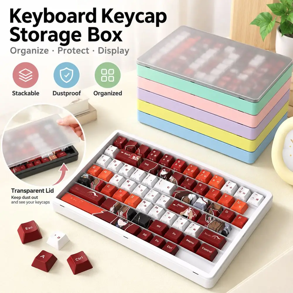 Dustproof Keycap Storage Box Transparent Lid Stackable Keyboard Keycap Case Multicolor Options Slotted Tray Keyboard Maintenance