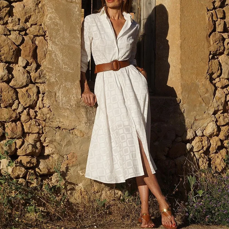 2023 Lente/Zomer Nieuwe Damesmode Plaid Woon-werkverkeer Stijl Effen Kleur Gedrukt Medium Tot Lange Knop Shirt Jurk voor Vrouwen