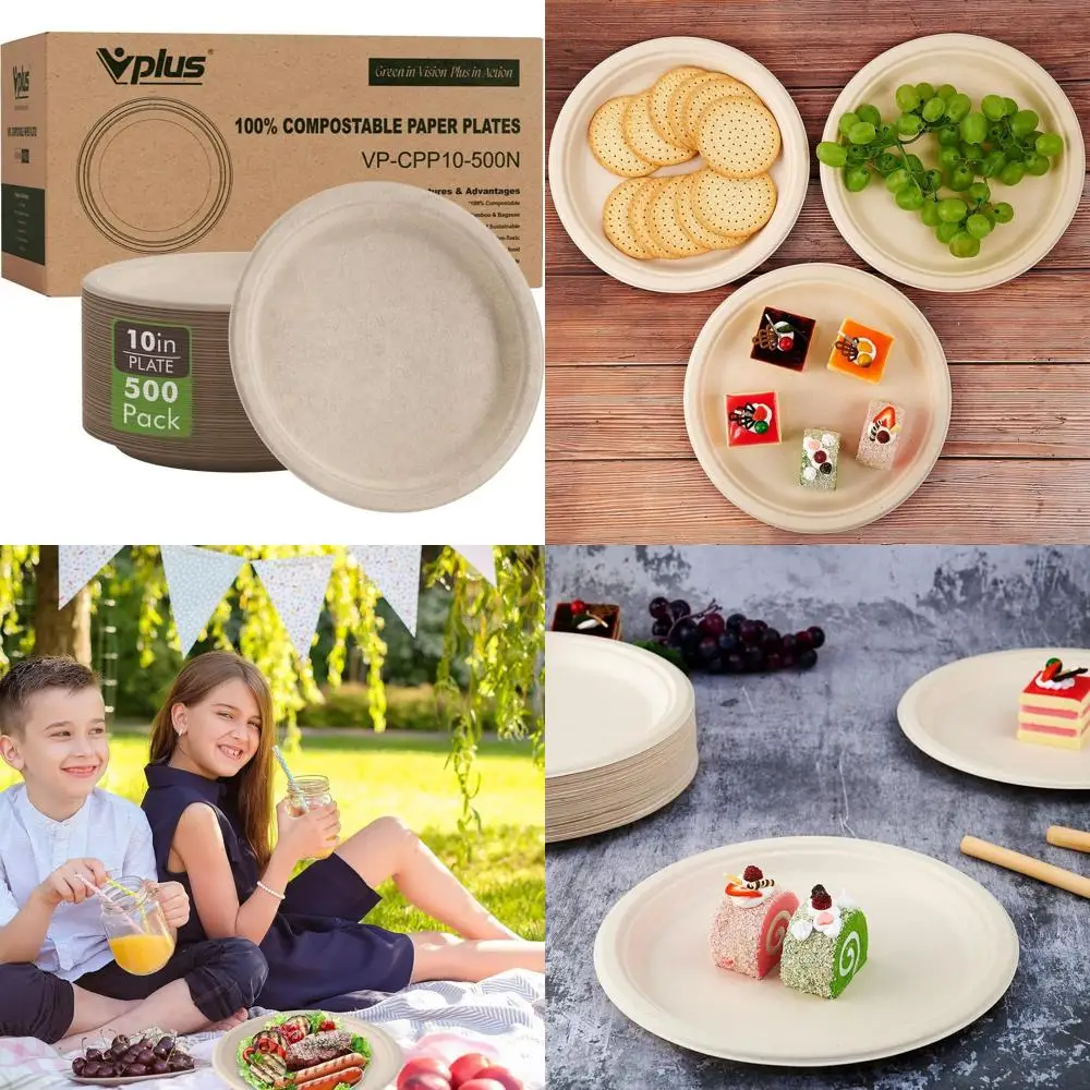 

Eco-Friendly 500 Pack 10.25 Biodegradable Paper Plates Made from Sugarcane Bagasse