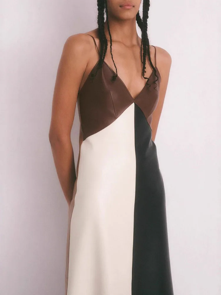 النمط الفرنسي بو الجلود فستان الرسن مثير الخامس الرقبة الجوف خارج أكمام فستان الحفلات المسائية سيدة اللون منعت تقسم فستان طويل #1