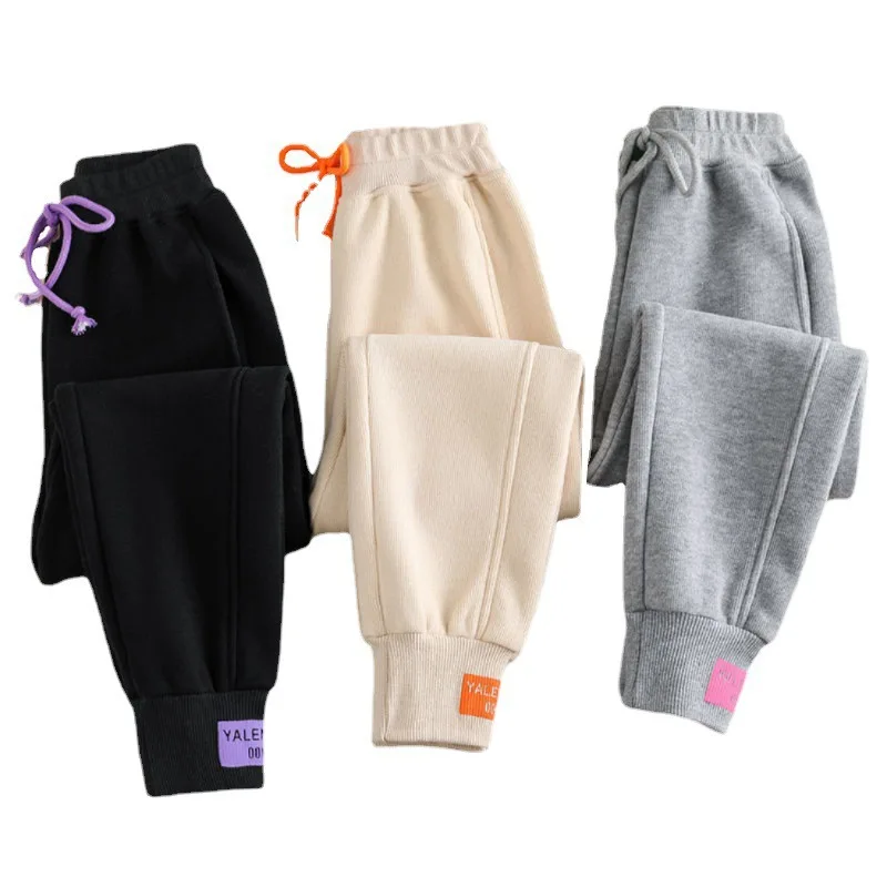 Women Winter Autumn Fleece Thicken Solid Color Ankle Length Pant Female Korean Elastic Waist Casual Streetwear Running Trousers