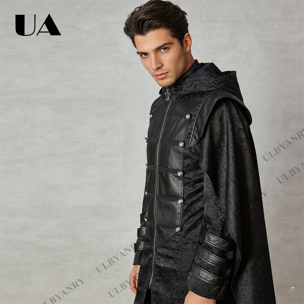 Men's Black Brocade Medieval Coat Hooded Nobleman Outfit with Faux Leather Stitching and Draped Cape for Renaissance Festival