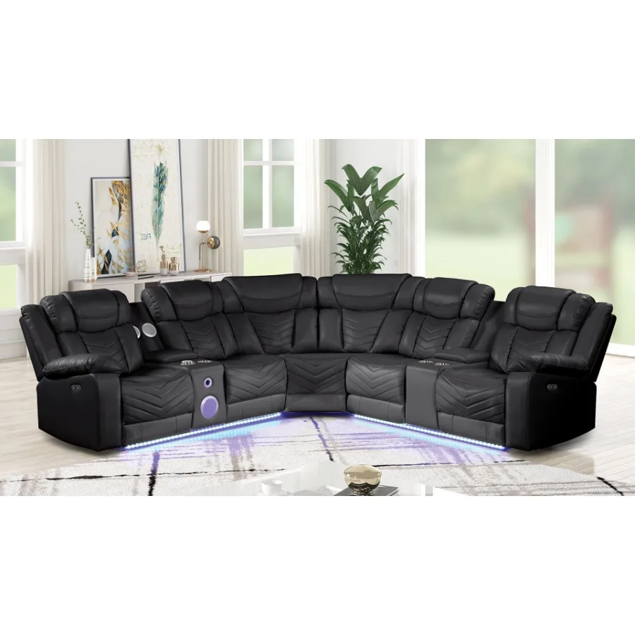 Challenger Modern Style Recliner Sectional Sofa Built in USB-C Ports and Bluetooth made with Wood and Faux Leather in Black
