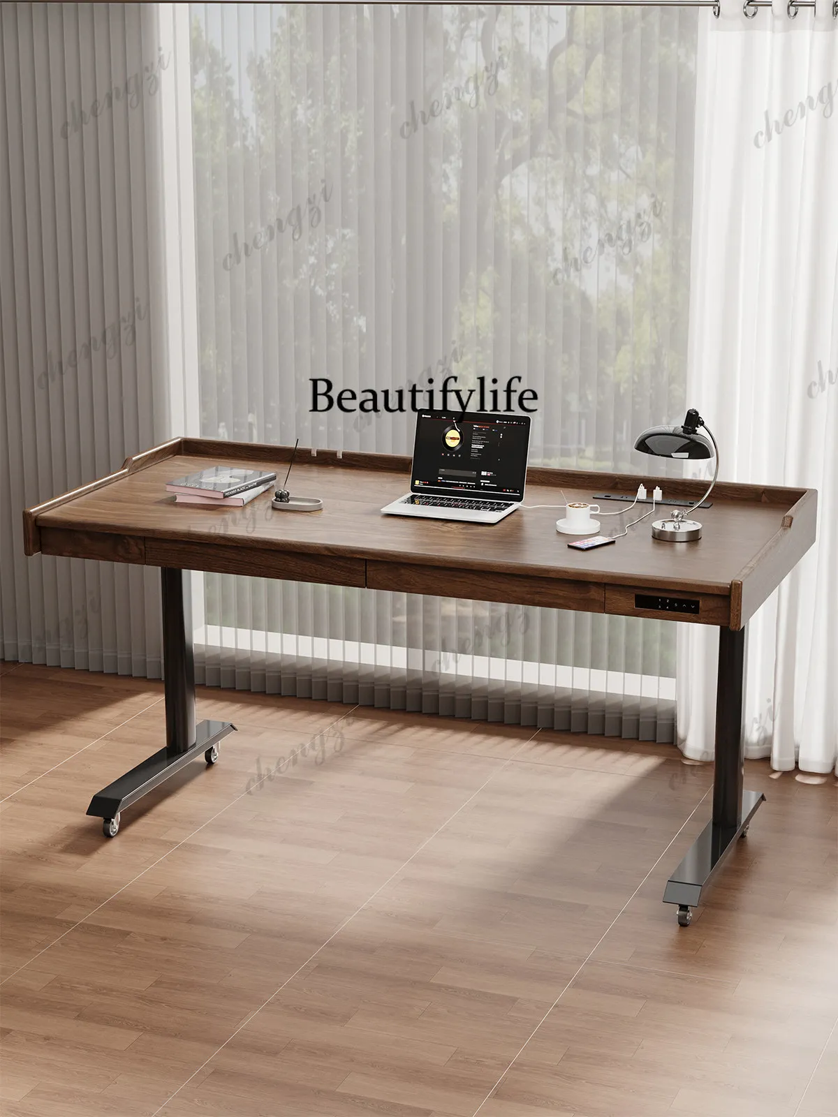 Solid wood movable adjustment electric lifting desk desk standing workbench